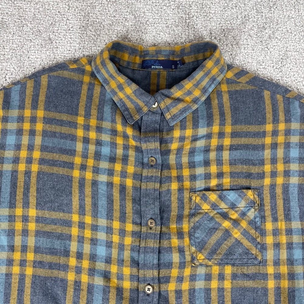 Prana Flannel Shirt Womens Small Button Up Plaid Roll Tab Sleeve Blue‎ Yellow